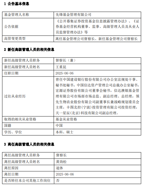 先锋基金高管变更：黄劲松退休离任 董事长兼(🌟)任督察长职务